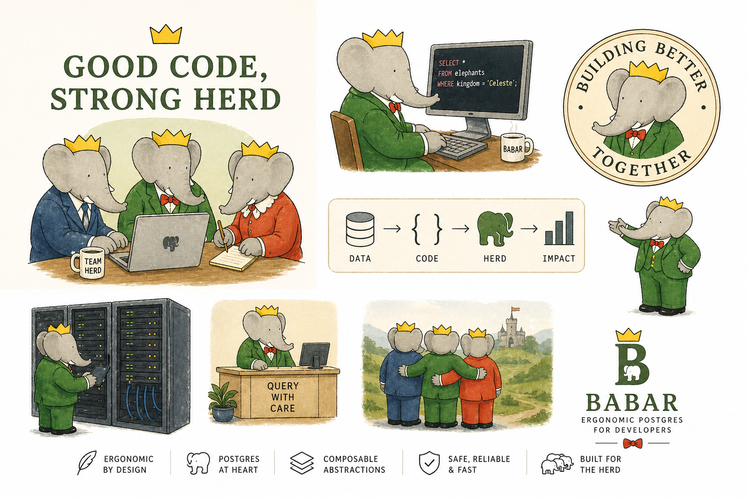 The Babar brand sheet — wordmark, palette, and the herd at work